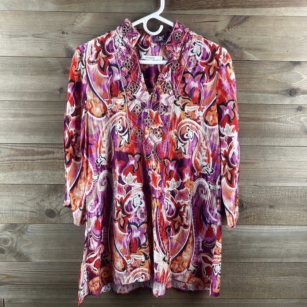 Chicos Womens Tunic Watercolor Paisley Beaded 3/4 Sleeve Artsy Boho 0 Small 4